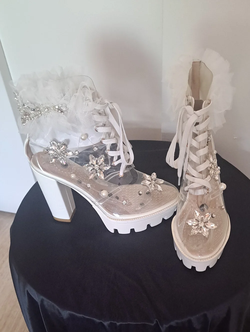 Devine Luz White Embellished Clear Beautiful Platform Heels